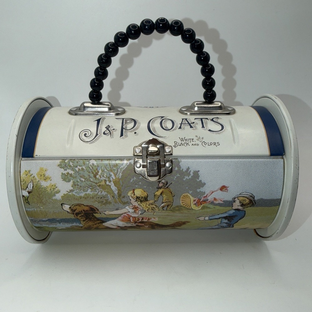 J & P Coates Tin Purse with Beaded Handle Sewing Collectible Clarks Neat Design